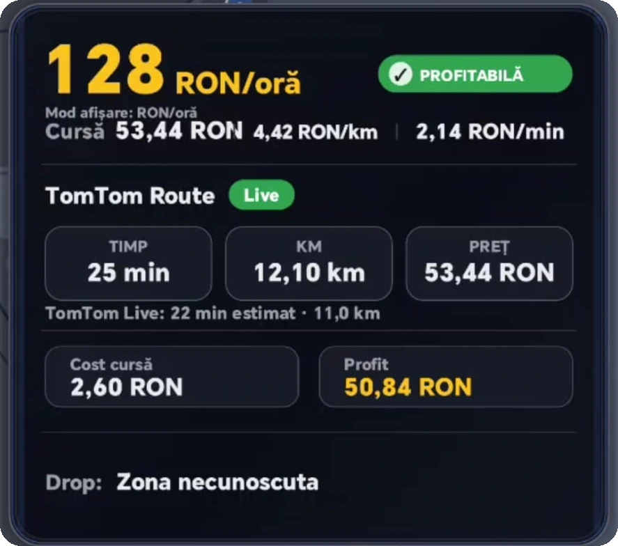 Card RideGo cu estimarea profitabilității