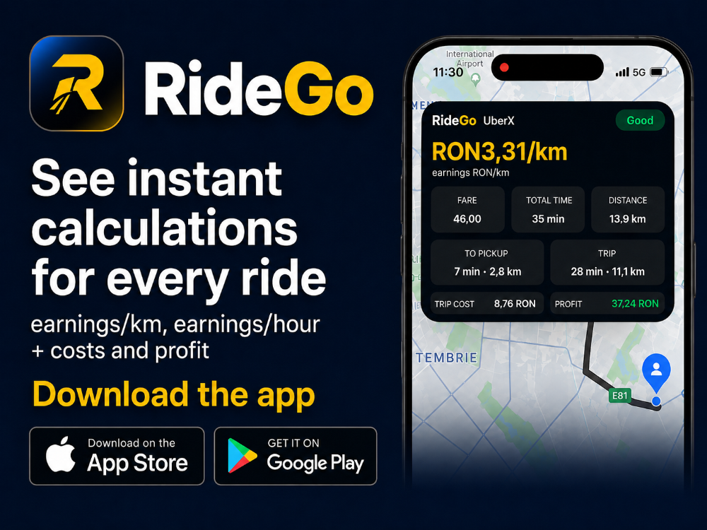 Official RideGo English media kit visual showing instant ride calculations on iPhone and download badges.